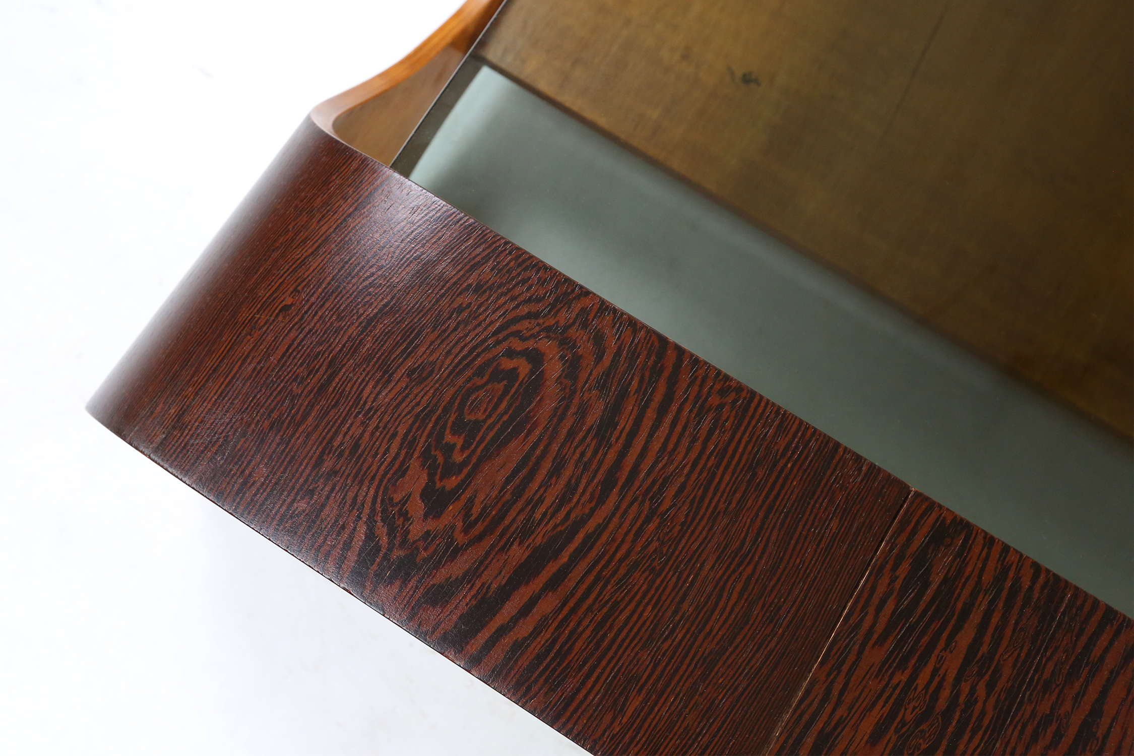 French mid-century coffee table in curved wenge plywood with glass top, 1960sthumbnail